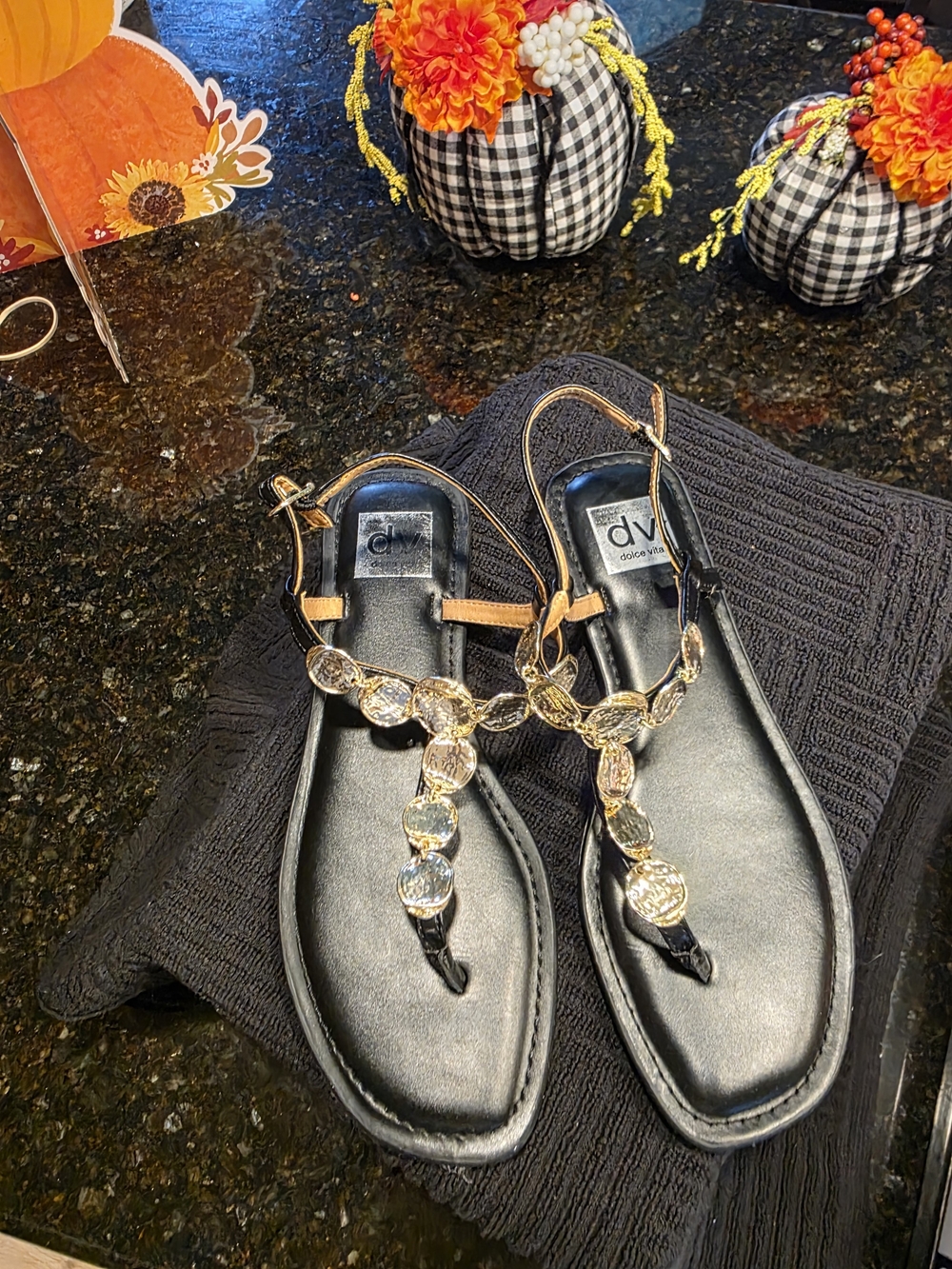 DV by Dolce Vita Black T-Strap Sandals with Gold Accents